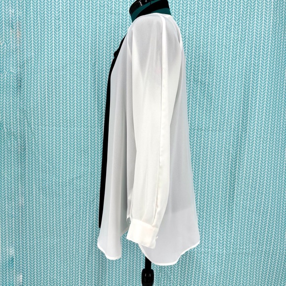 Cabi Tuxedo Blouse # 3421, White Semi-Sheer Long Sleeve with Black Tie, Small - Picture 7 of 16